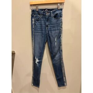 Hollister 1R high rise classic stretch skinny distressed ripped jeans w-side hem
